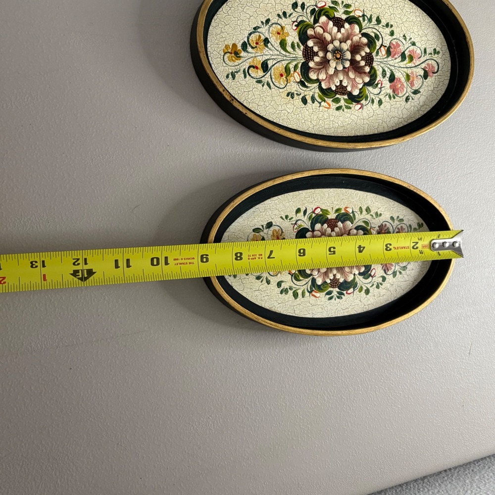 Vintage‎ Floral Hand Painted Nesting Trays Set of 3 Oval Black Gold Crackle Folk - Picture 13 of 16